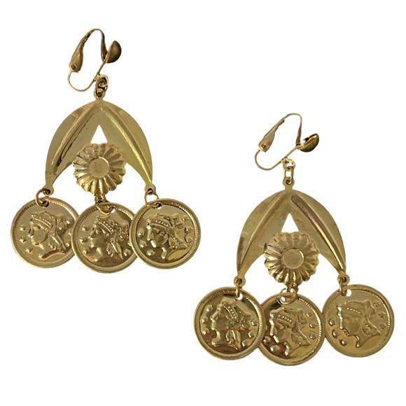 Vintage Etruscan Gold Ancient Coin Chandelier Drop Clip Ons Earrings - Picture 4 of 10